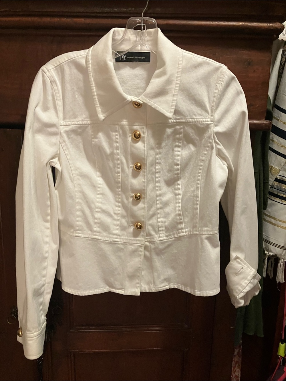 INC International Concepts White Button-Front Jean Jacket with Gold Buttons